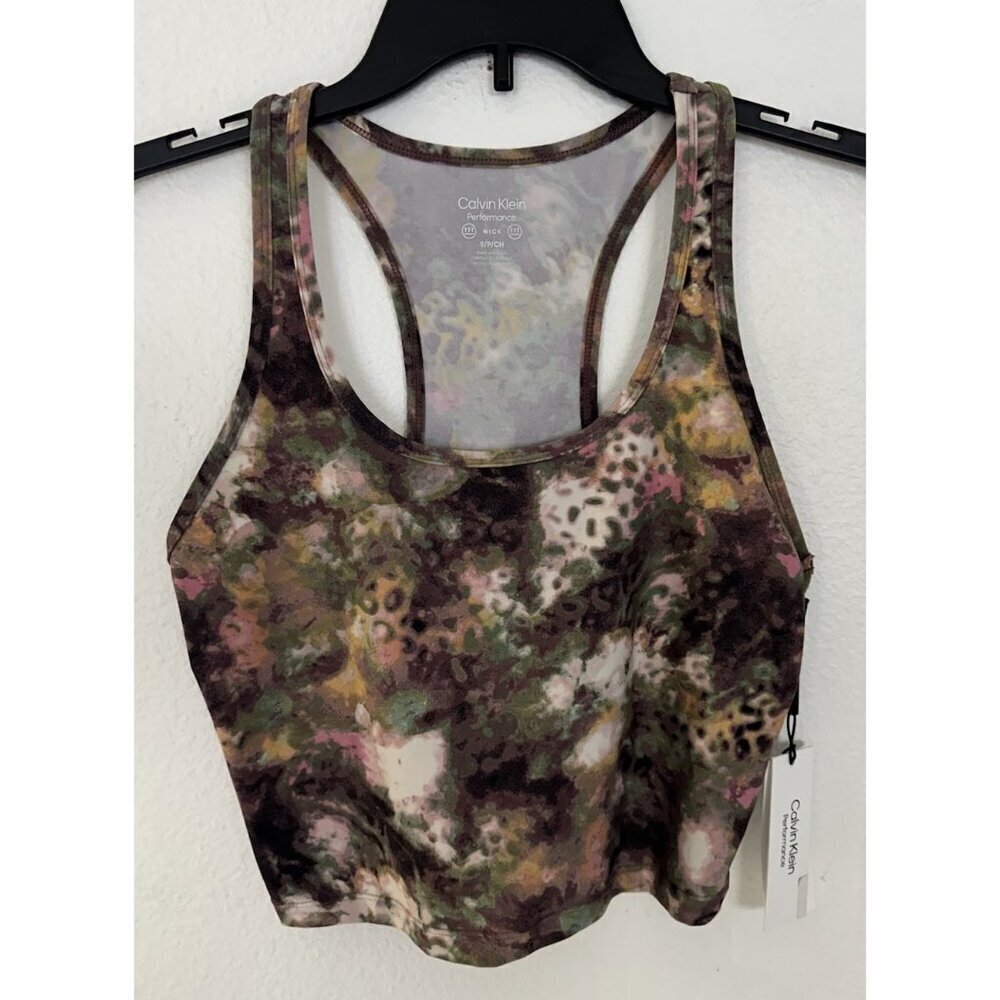 Calvin Klein Performance Printed Racerback Women's Crop Tank Top NWT Java - Picture 3 of 15